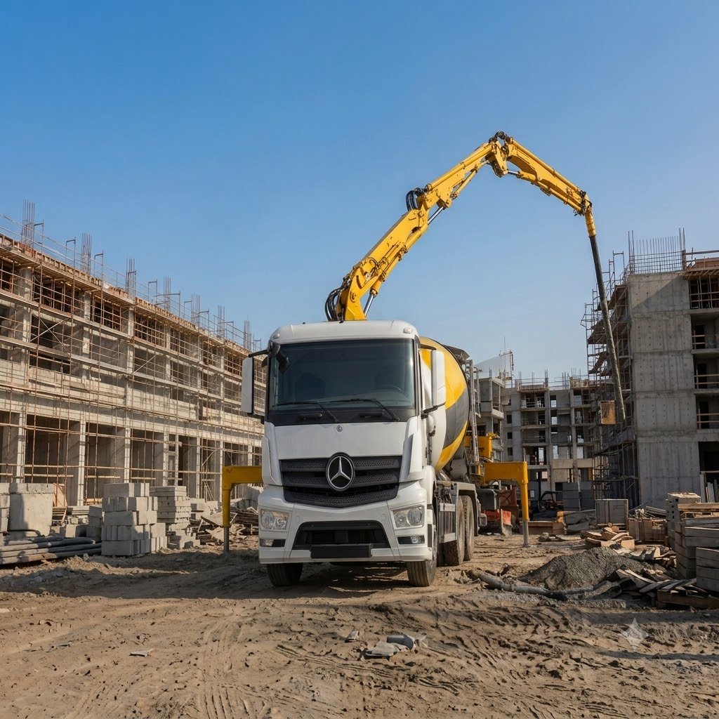 Mixer de beton care descarcă beton pe șantier